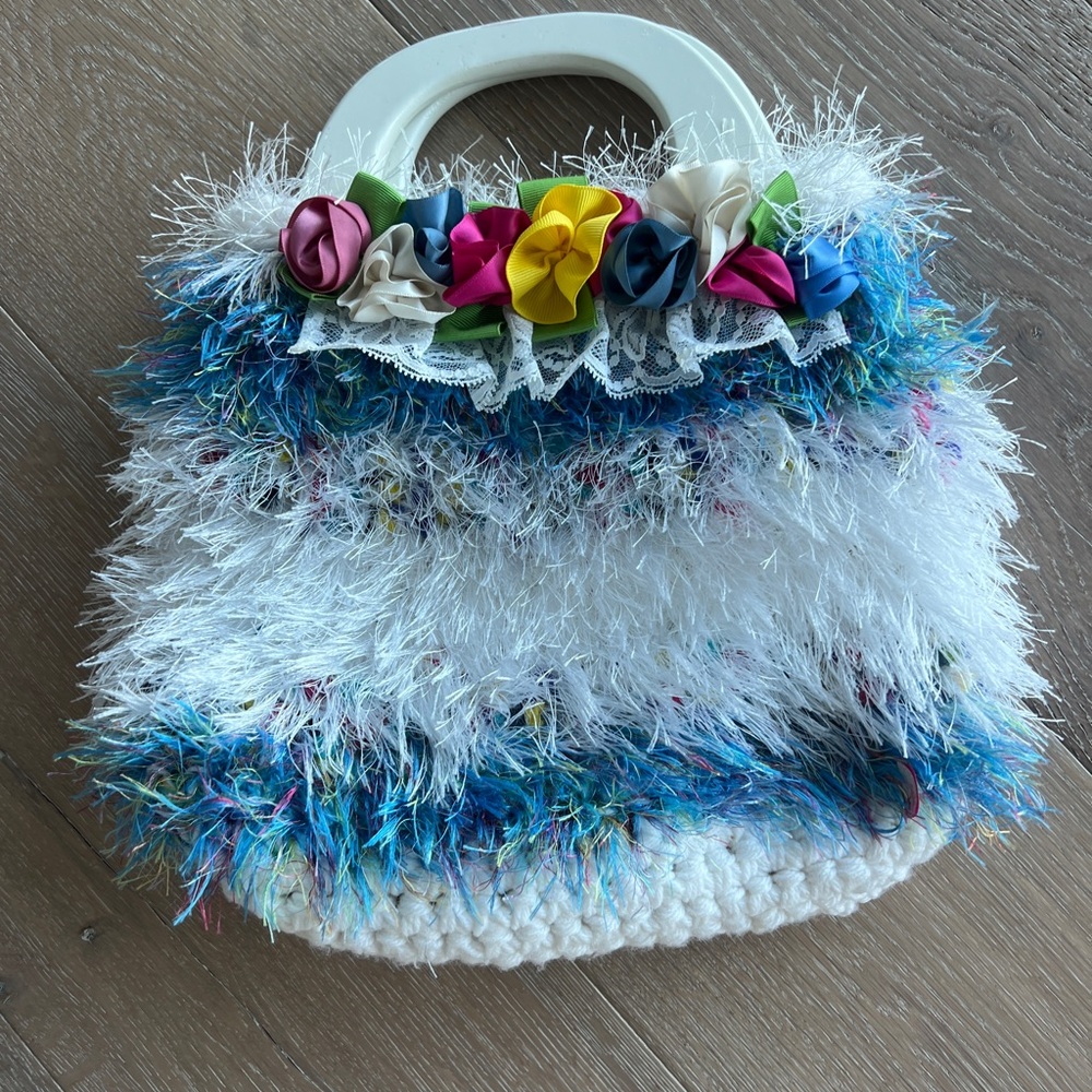 Vintage hand bag Crocheted eyelash detail Colorful Floral wooden handle
